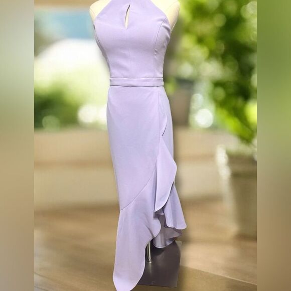 NWT XSCAPE Midi Maxi Scuba Crepe Asymmetric Flounce Dress Size 6 - Picture 7 of 13